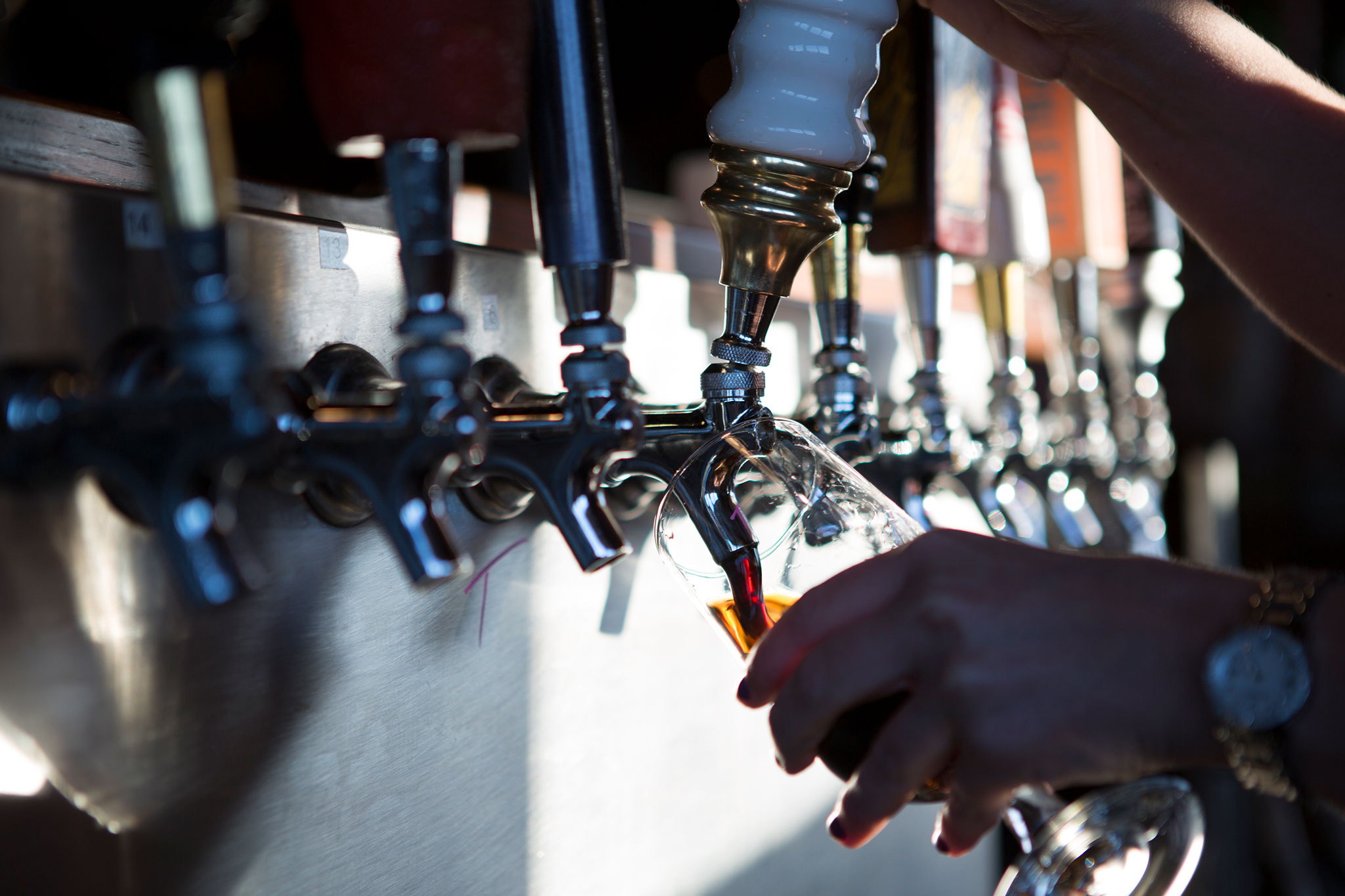 public house bartender pouring pint